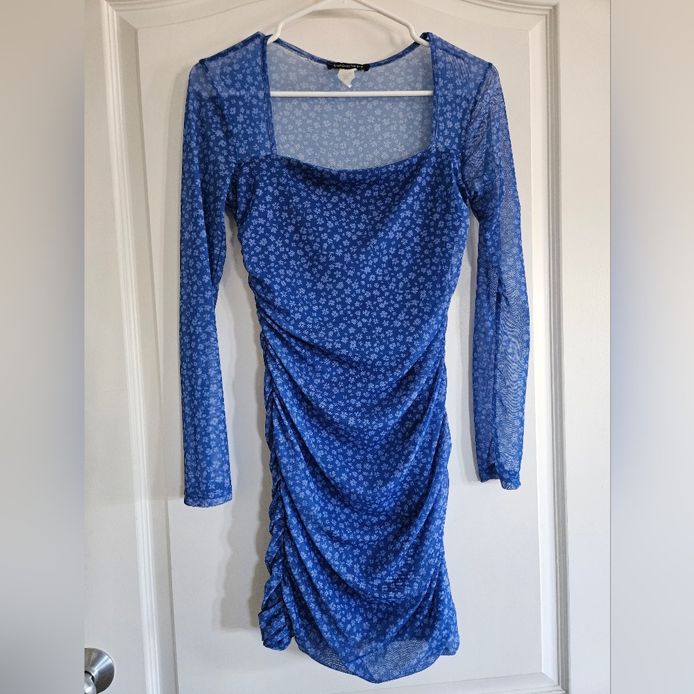 Caution To The Wind Blue Floral Runched Mesh Mini Long Sleeve Dress Womens Small
